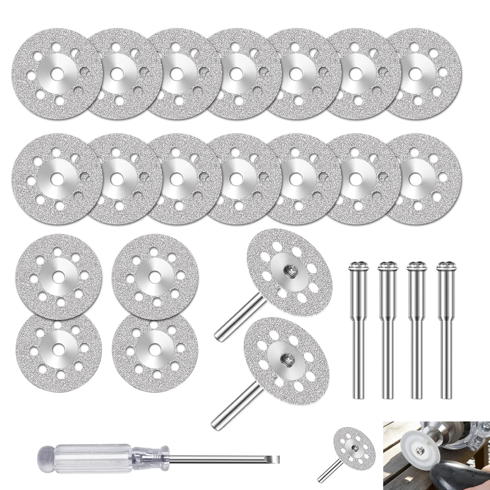 25 PCS Diamond Cutting Wheel, Diamond Disc Set for Rotary Tools with 3mm Mandrel, 22mm Cut Off Discs Compatible With Dremel Glass Stone Tile Ceramic Jade Marble Brick Coated Discs with Screwdriver