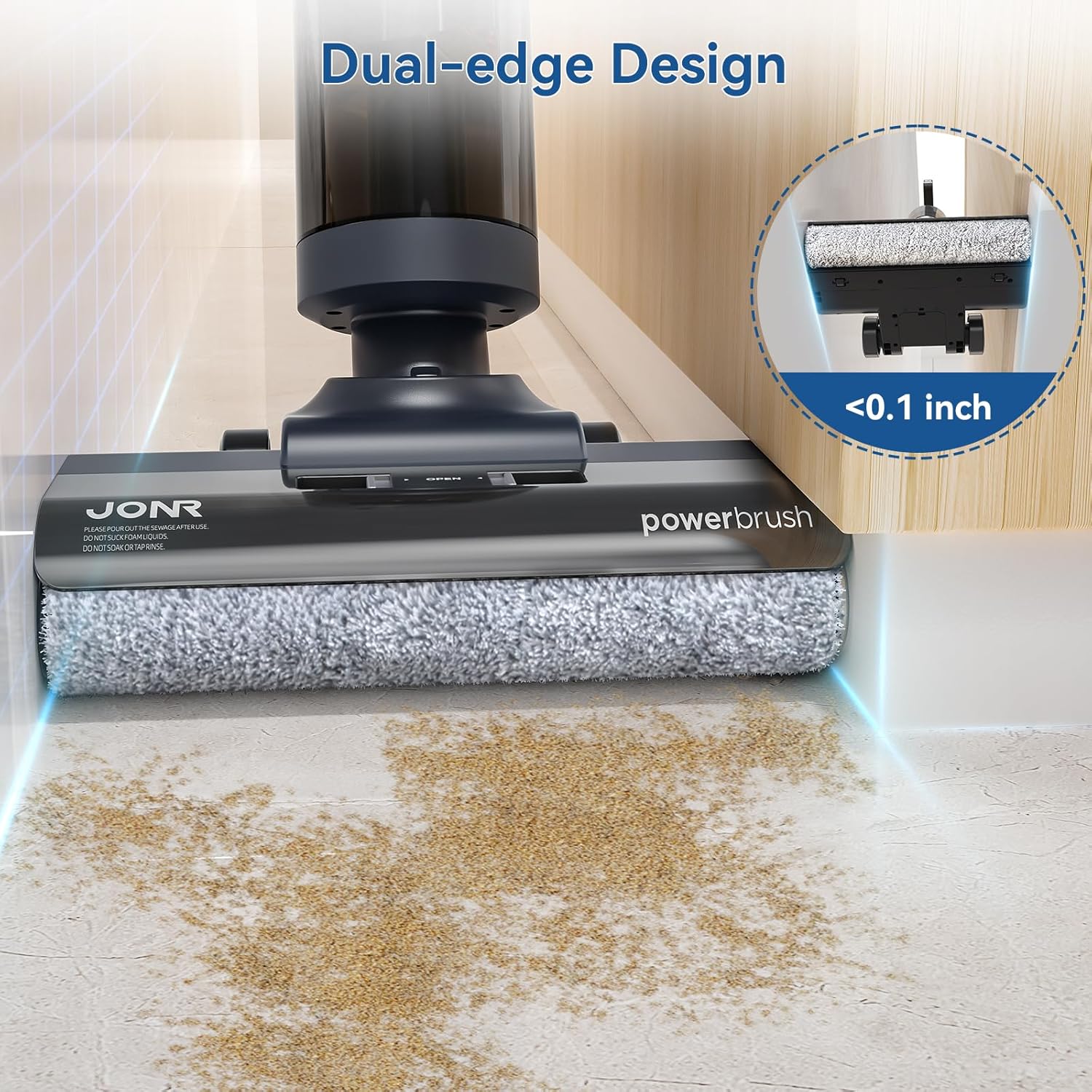 Image demonstrating the dual-edge design of the JONR ED12 PRO Replacement Roller Brush cleaning close to an edge.