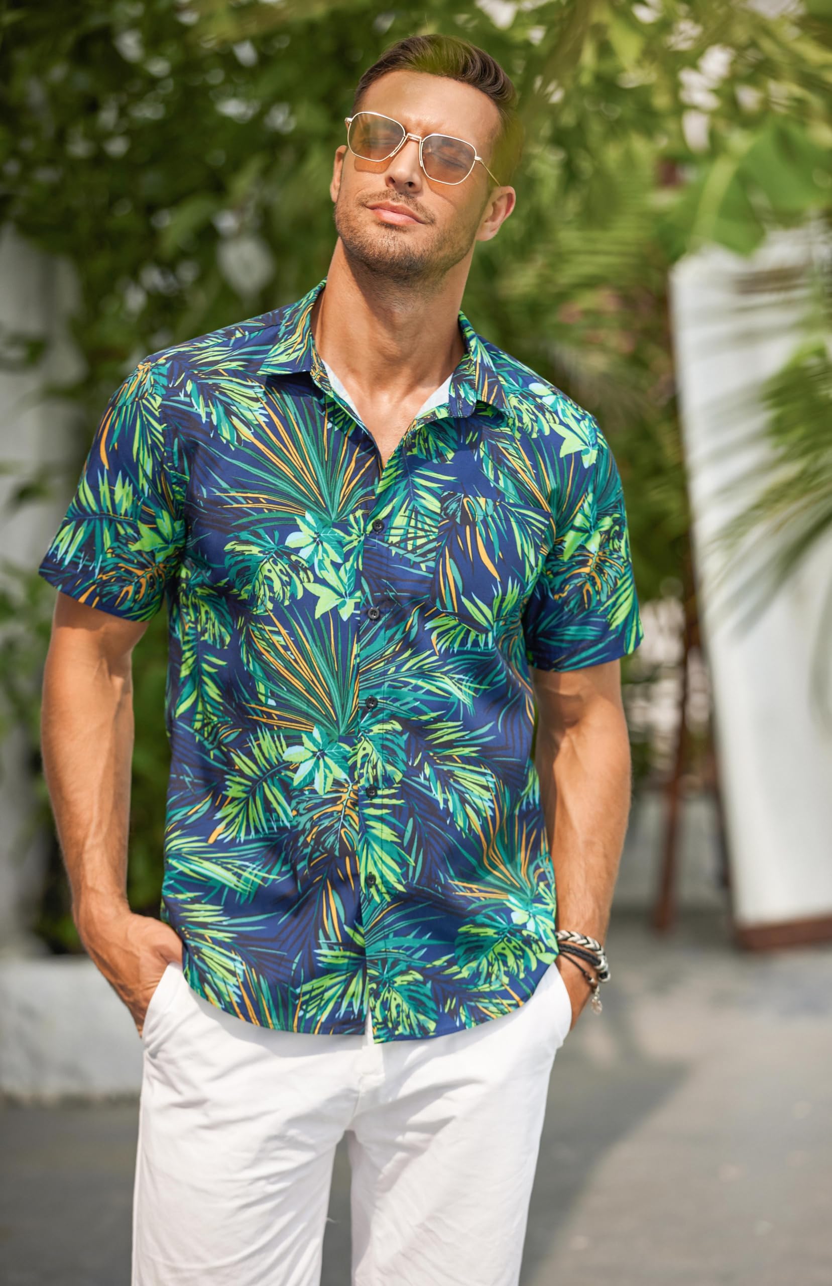 COOFANDY Chemises Hawaïennes Homme 100% Coton, Chemises Été Manches Courtes Boutonnées, Tops Tropicaux Plage Coupe Standard