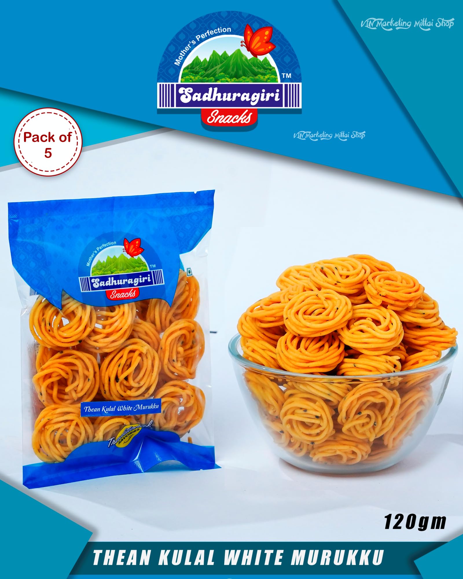 Sadhuragiri Thenkuzhal Rice Muruku (Pack of 5 x 120g)
