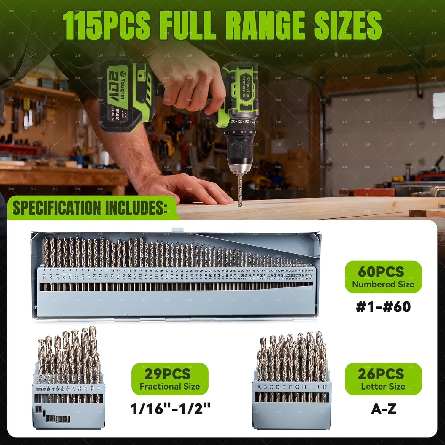 YOUGFIN 115 Pieces Cobalt Drill Bit Set, M35 High Speed Steel Twist Jobber Length Drill Bits for Stainless Steel Hard Metal and Cast Iron with Metal Indexed Case (1/16 Inch-1/2 Inch, A-Z, 1-60)