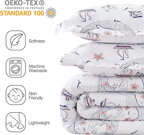 Miniatura 3 de JSD Juego de edredón de sirena tamaño individual para niñas, edredón de microfibra de 2 piezas con temática oceánica con funda de almohada, ligero,