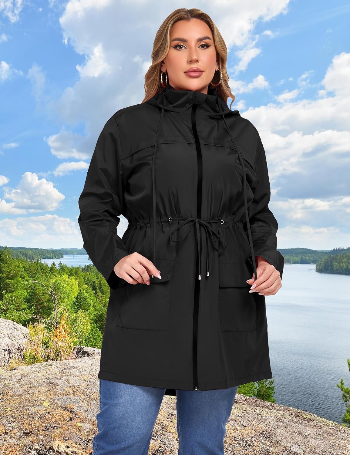 ZOMVA 2025 Plus Size 1X-5X Rain Jacket Coat Long Lightweight Raincoat with Hood Windbreaker Waterproof Jackets with Pockets - Image 3