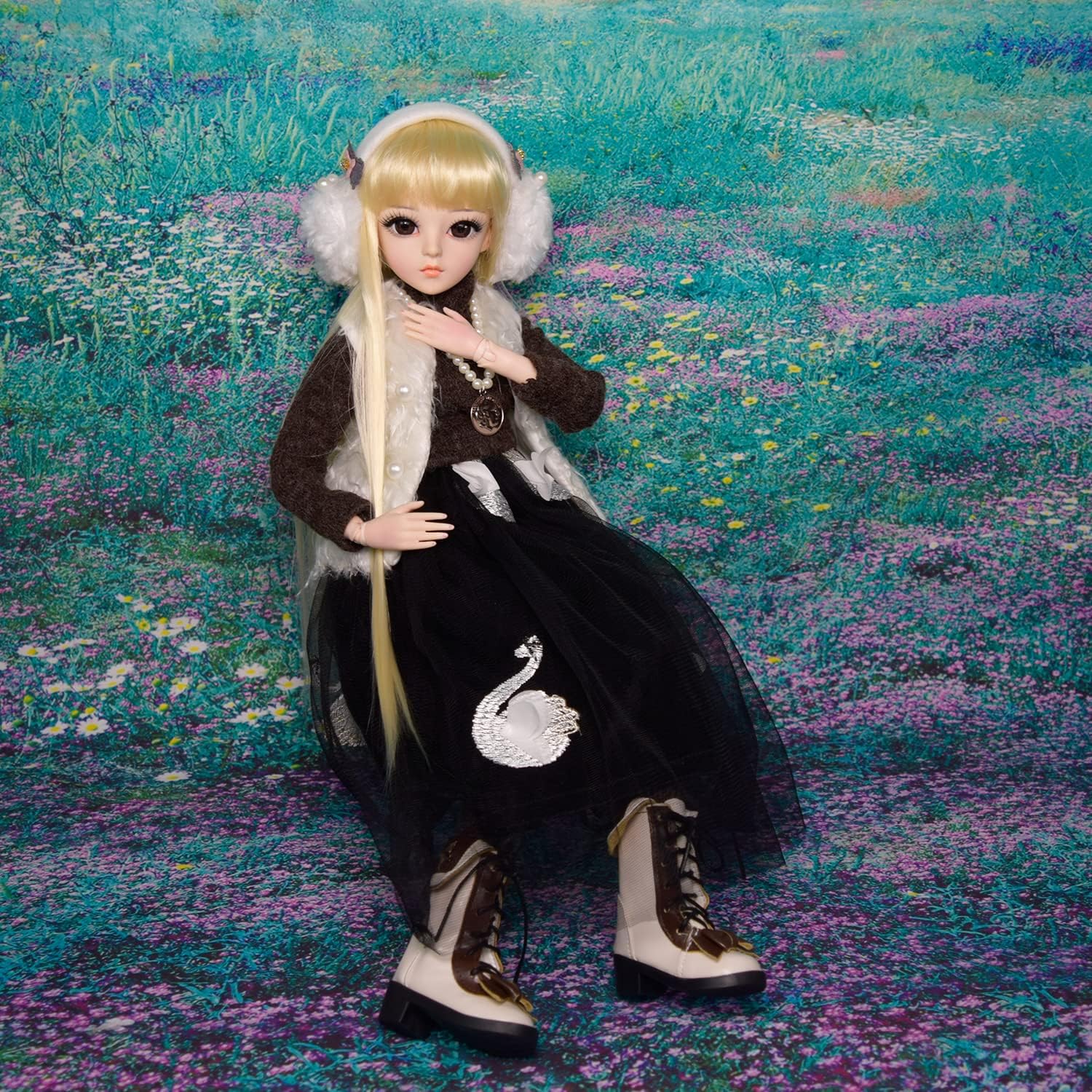 Proudoll 1/3 BJD Doll 60cm 24in SD Ball Jointed Dolls Daily Outfits Suit Wig Clothes Shoes Free to Change DIY Girl Gift (Doll + Full Accessories, Black-XL)