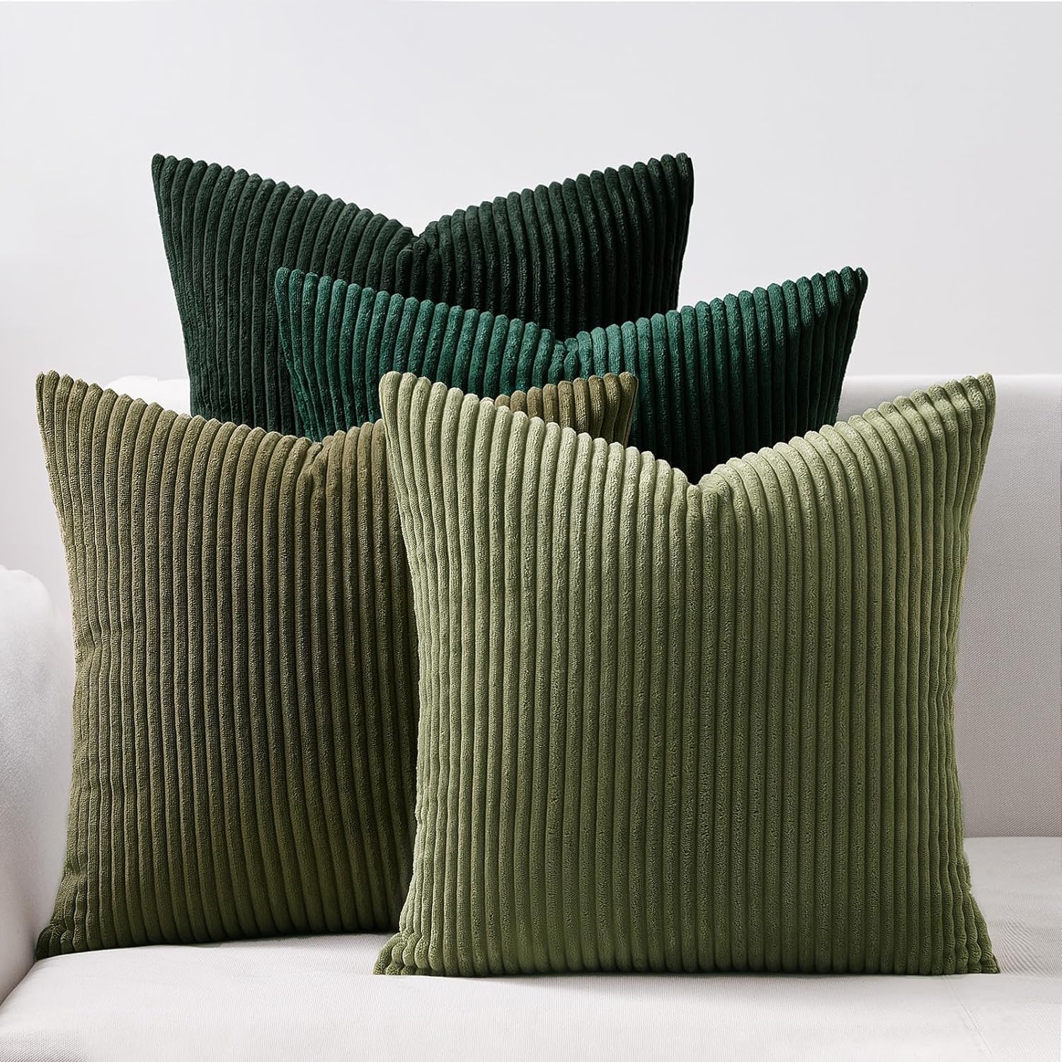 4er Set Kissen-Bezug mit Füllung Grün, Modell Mary, Luxus Kordsamt Sofakissen gestreift Couchkissen Dekokissen Zierkissen Kopfkissen, mit verstecktem Reisverschluss, weich & angenehm