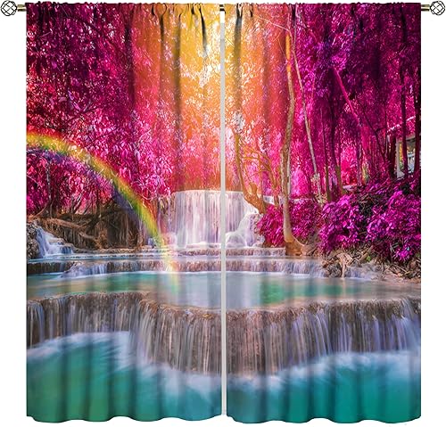 Miniatura 16 de Cortinas de cascada, patrón de paisaje con tema de naturaleza primaveral en bosque, cortinas térmicas opacas para dormitorio y sala de estar, juego