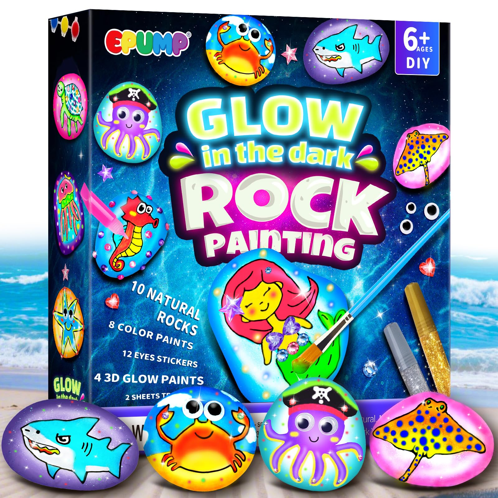 EPUMP Rock Painting Kit for Kids, Glow in the Dark Natural Stone Paint Set, DIY Arts and Crafts Kit for Kids Ages 6-12, Creative Gift for Boys and Girls โ image 1