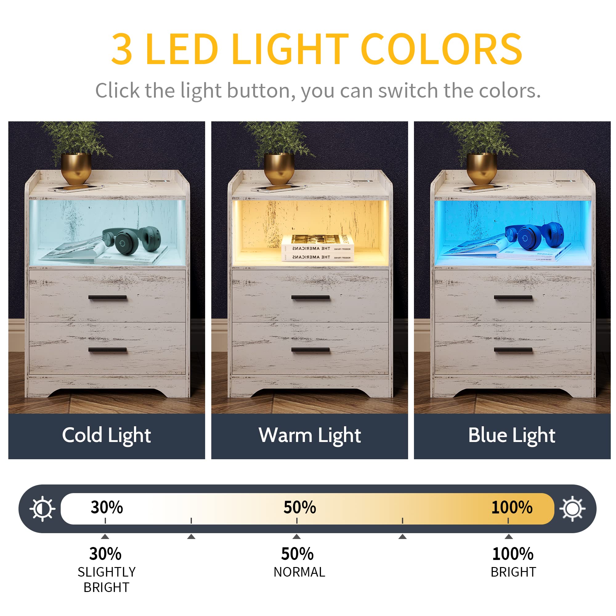 DNBSS Side Table with Charging Station and Side Table Led Lights,Storage with 2 Drawers,Smart Side Table,Smart Side Table for Bedroom, Wood White Bedside Table Auto-Light ON