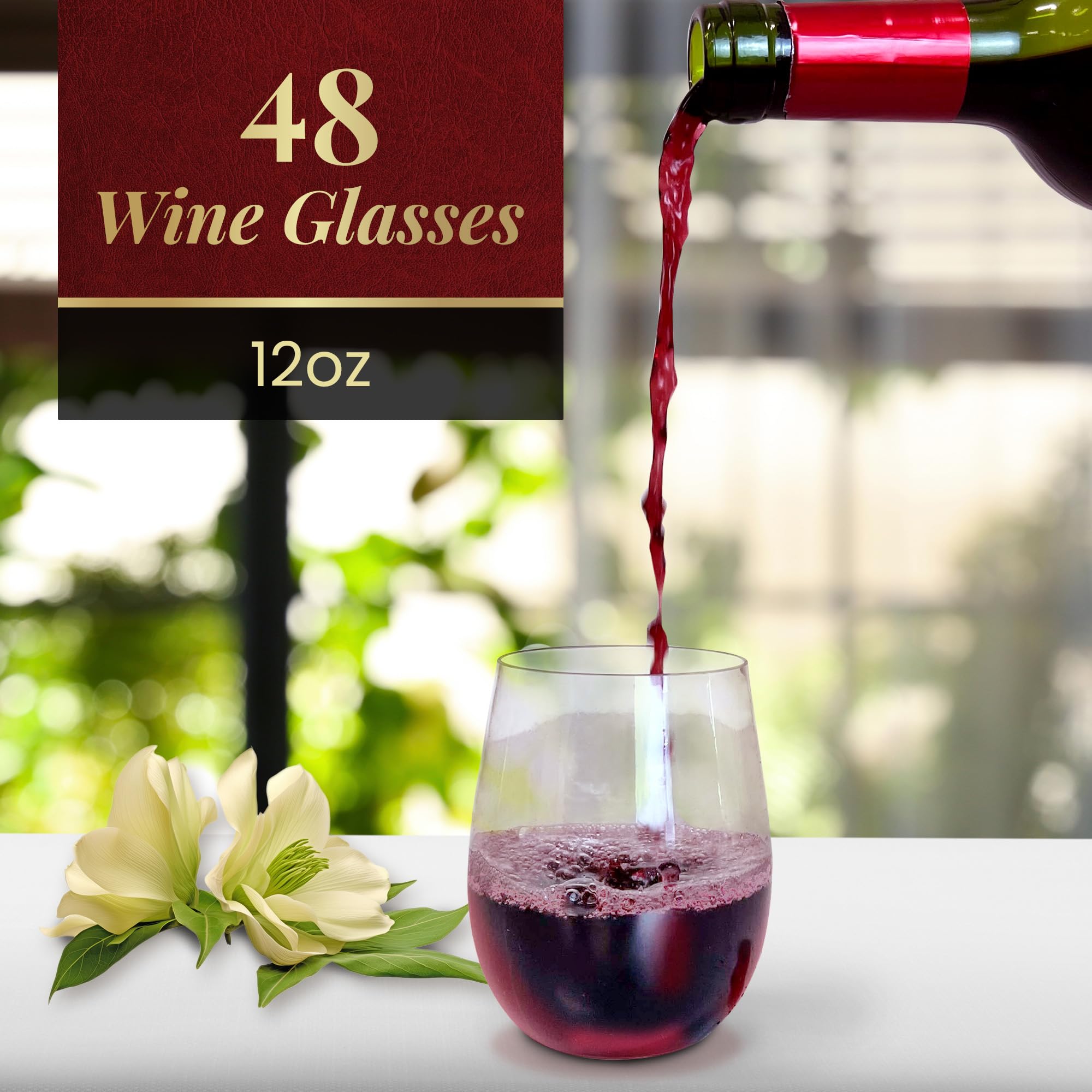 Condition photo showing New/Like New for reli. disposable wine glasses (48 pack, 12oz) plastic stemless wine glasses disposable | clear and stemless for parties, cocktails, whiskey, weddings | shatterproof