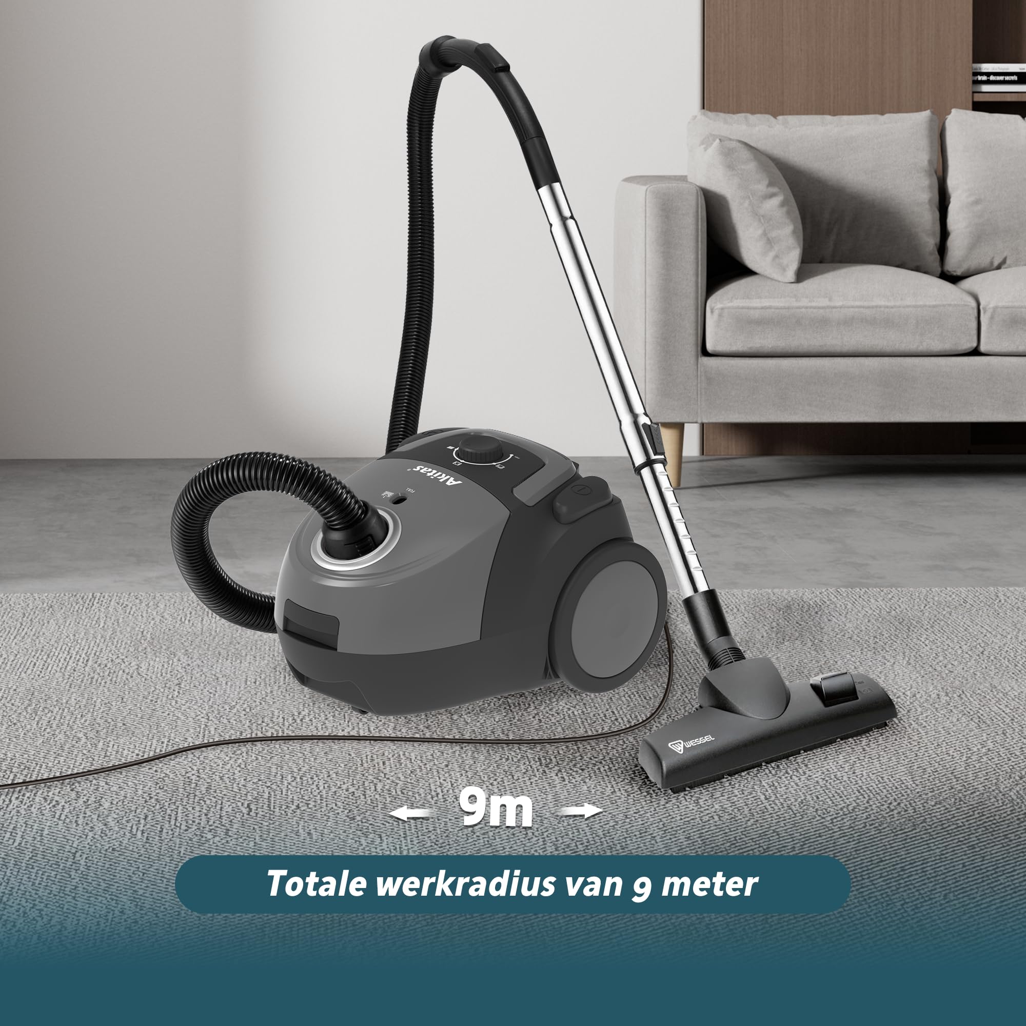 Akitas C5 Aspiradora con Bolsa 850W, Alcance 9m, Cabezal Alemán Wessel-Werk, Filtro HEPA para Mascotas y Alergias, Ligera y Compacta