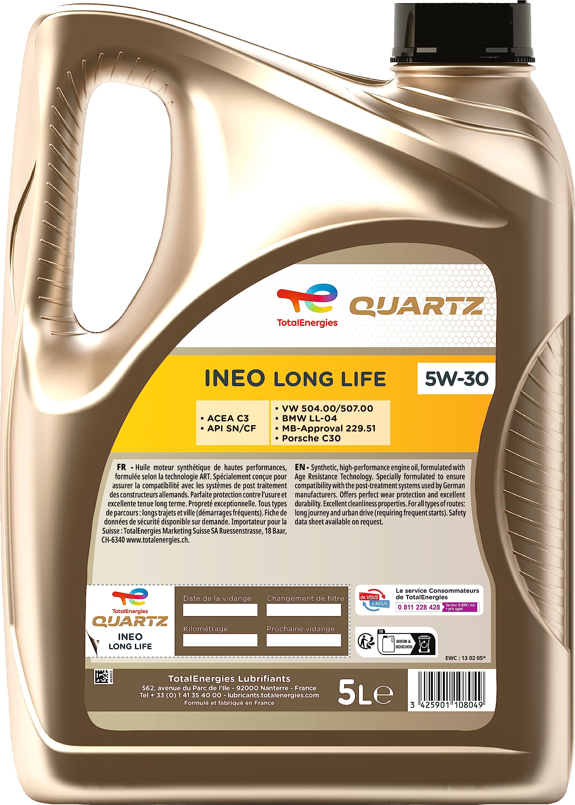 TotalEnergies Quartz Ineo Long Life 5W-30, Huile moteur essence et Diesel, 5 litres
