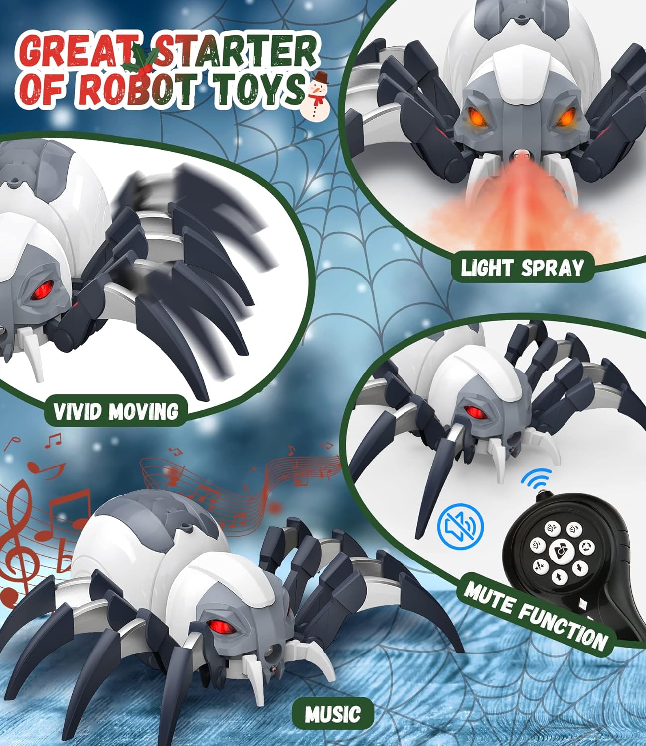 Remote Control Spider Robot, Halloween Toys with Light Spray/ White