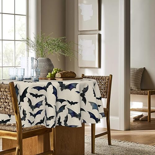 Miniatura 3 de Horaldaily Mantel redondo de Halloween de 70 x 70 pulgadas, diseño de murciélagos negros, lavable, para decoración de fiestas, pícnic, cenas