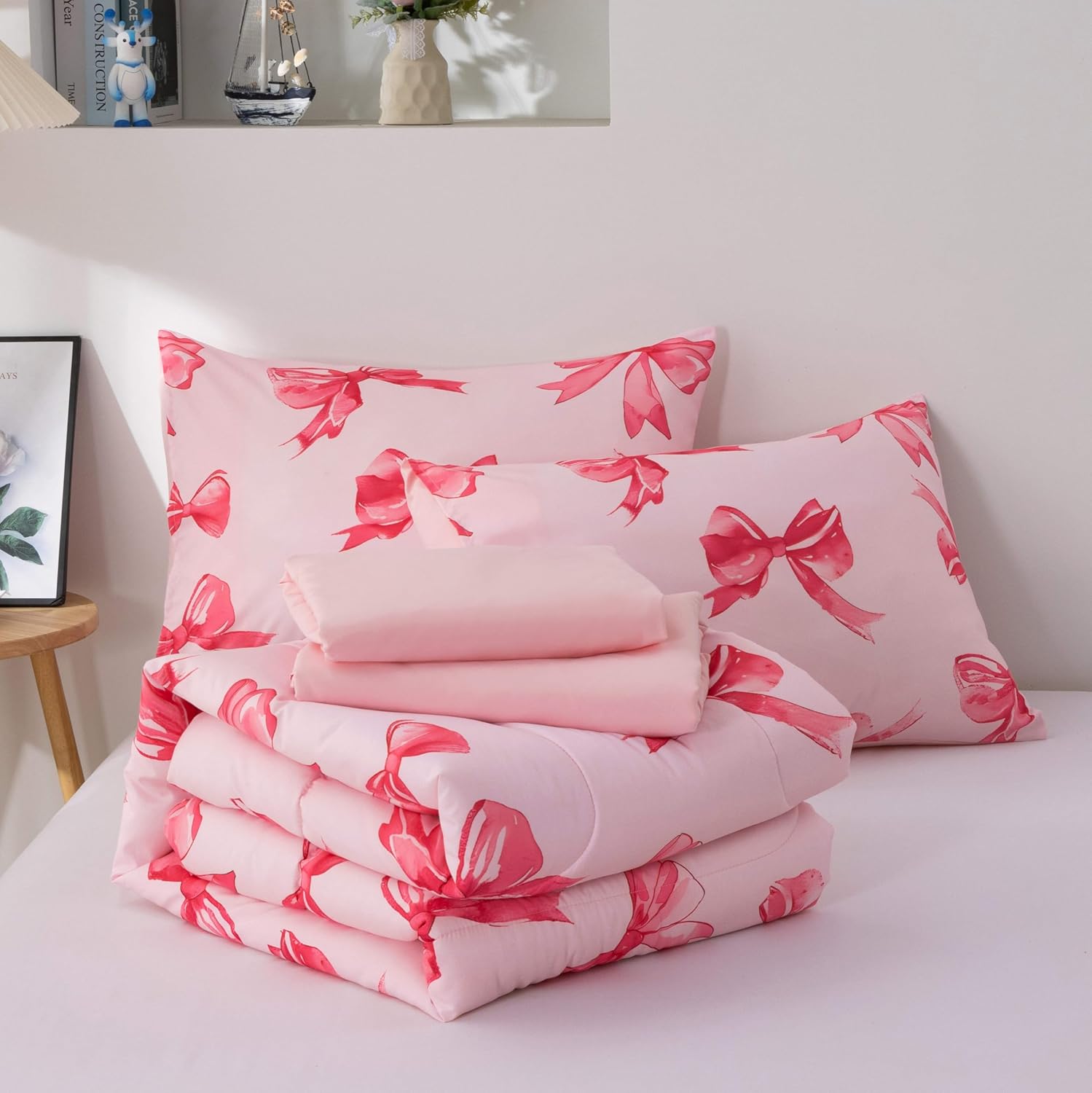 Btargot 5 Piece Pink Bow Tie Comforter Set for Girls Boys Kids, Twin Size Cartoon Bowknot Bedding Set, Bed in a Bag with Comforter, Sheets and Pillowcases - Image 8