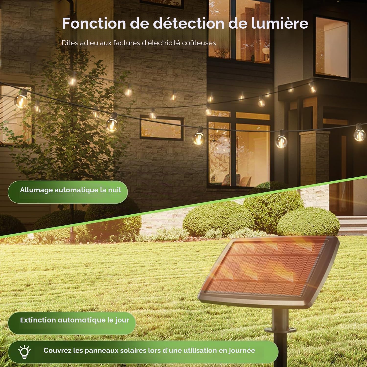 Svater Guirlande Solaire Extérieure 30m 52 Ampoules - Étanche IP65/IP45-4 Modes Lumière Chaude - Panneau 5W Grande Capacité - Auto Détecteur Crépuscule - 5.5V Sécurité (Blanc Chaud, Guinguette)