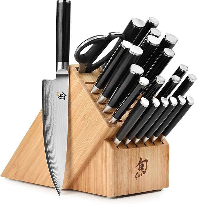 Shun Classic 23-piece knife block set with large bamboo block and many damascus knives