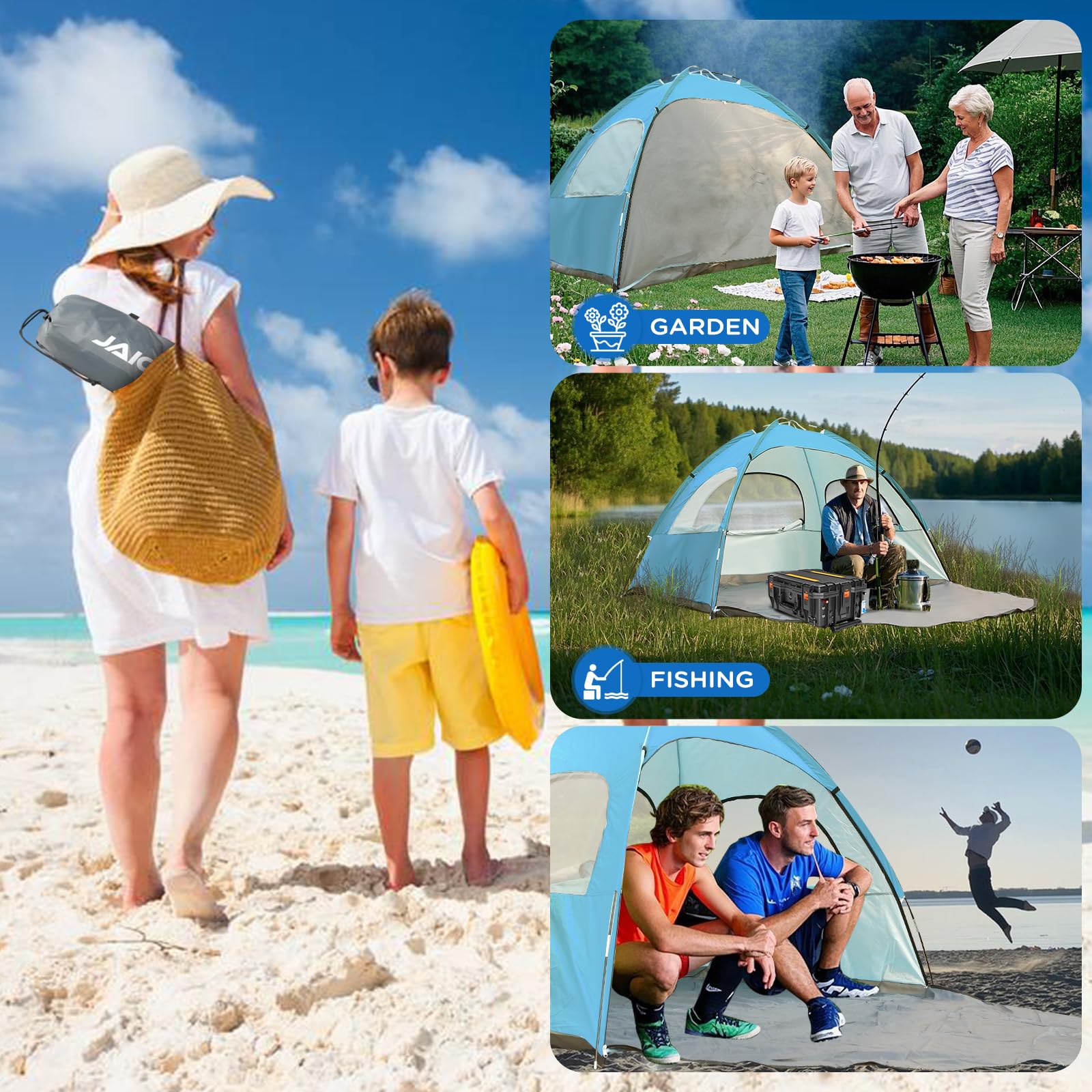 JAICOM Strandmuschel, 2-3 Personen Strandzelt mit UPF 50+ UV Schutz, Leichtes, schnell aufzubauendes sonnenzelt Strand, Mit DREI luftigen Fenstern, für Familie, Strand, Garten, Camping