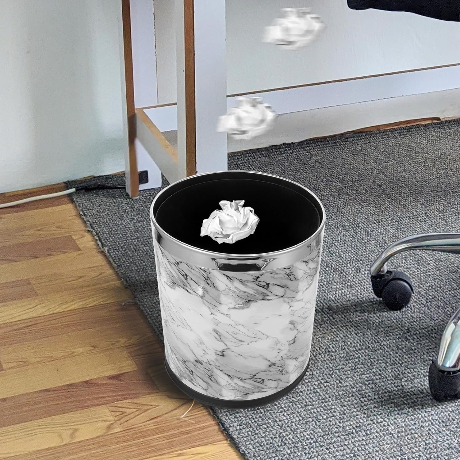 Veemoon Marble Pattern Waste Bin 10l Plastic Trash Container with Metallic Rim for Bathroom Bedroom Office, Large Garbage Can for Home Organization