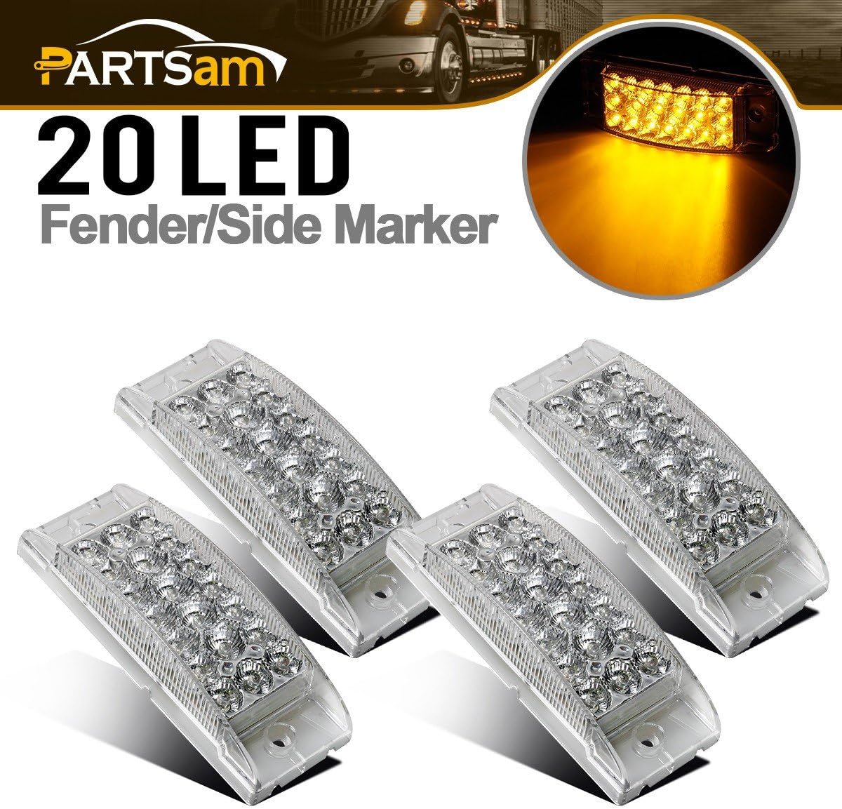 Partsam4Pcs 6" Rectangle Truck Trailer Amber Led Side Marker Lights and Turn Signal Lights 20 Diodes w/Reflectors, Clear Lens, Waterproof Sealed, Surface Mount