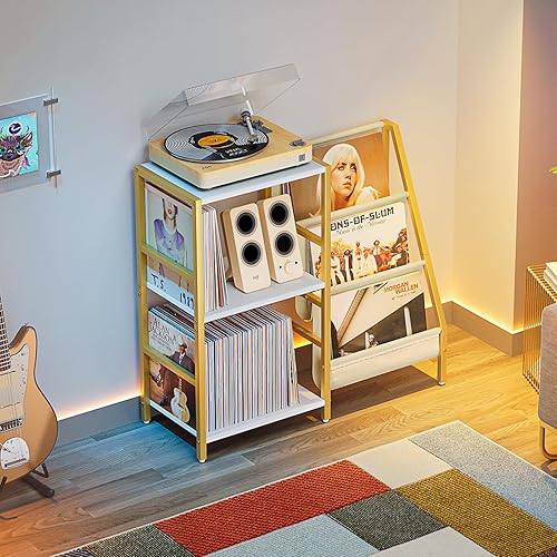 Miniatura 7 de Soporte para tocadiscos, soporte para tocadiscos con almacenamiento de discos de vinilo de 3 niveles, mesa para tocadiscos 200 álbumes, mesa