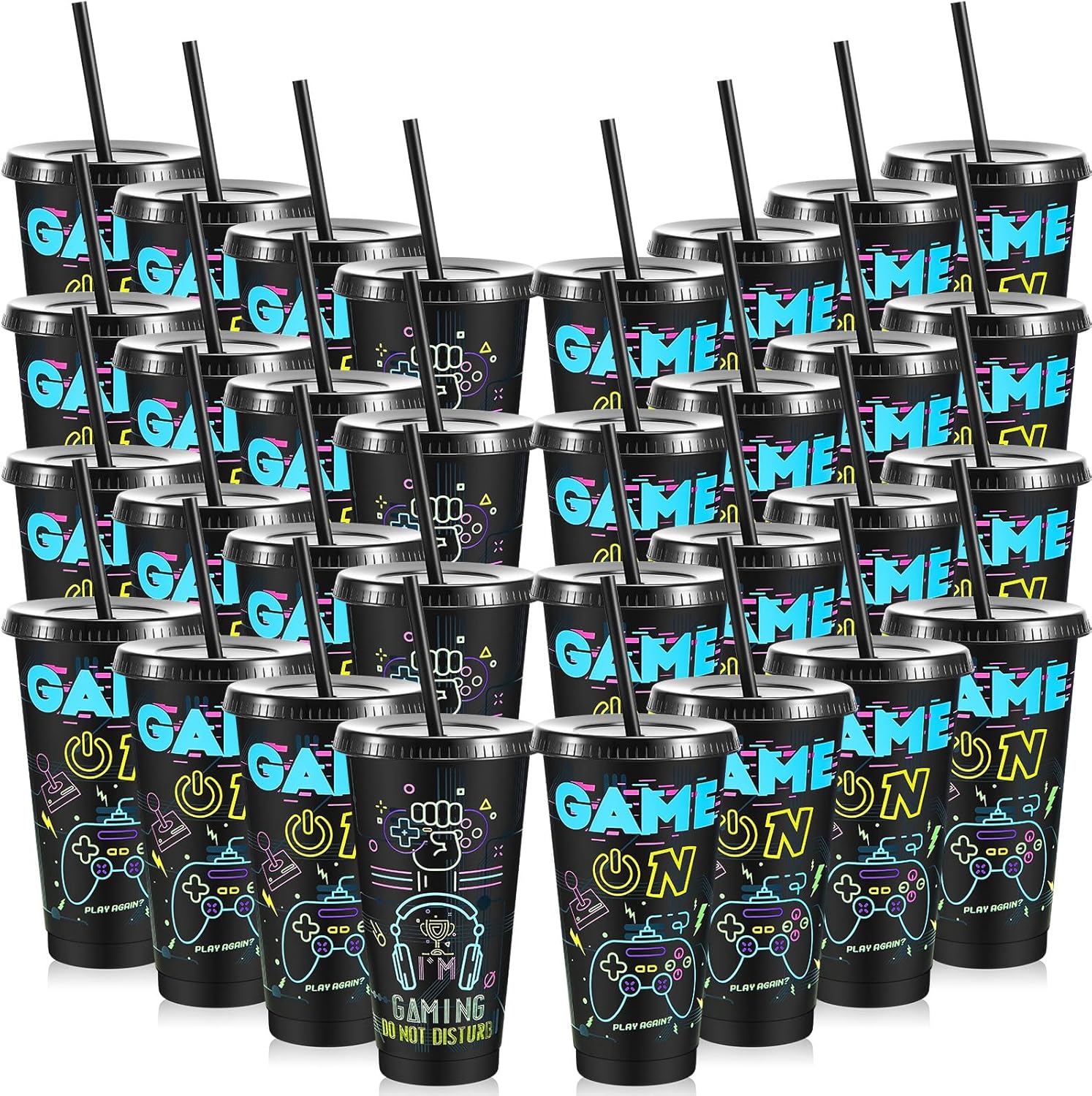 Uiifan 32 Pcs Video Game Party Plastic Cups with Lids and Straws 24 oz Iced Coffee Drinking Resuable Plastic Cups for Video Game Birthday Party Favor (Black)