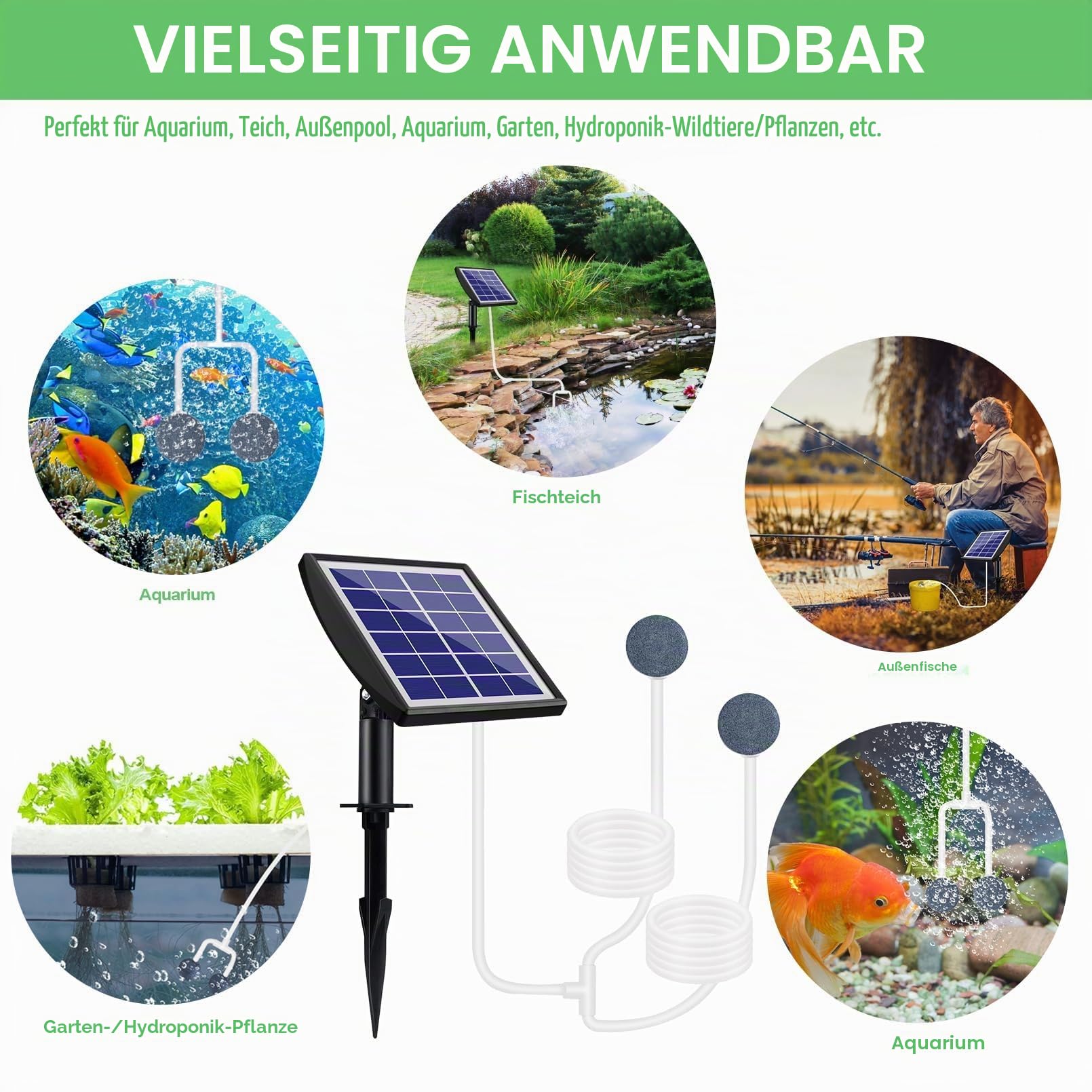 Solarpumpe Sauerstoffpumpe, solarbetriebener 2 W Teichbelüfter mit 2200 mAh Notstrombatterie, hydroponische Luftpumpe, geeignet für Outdoor-Fischen, Teiche, Aquarien