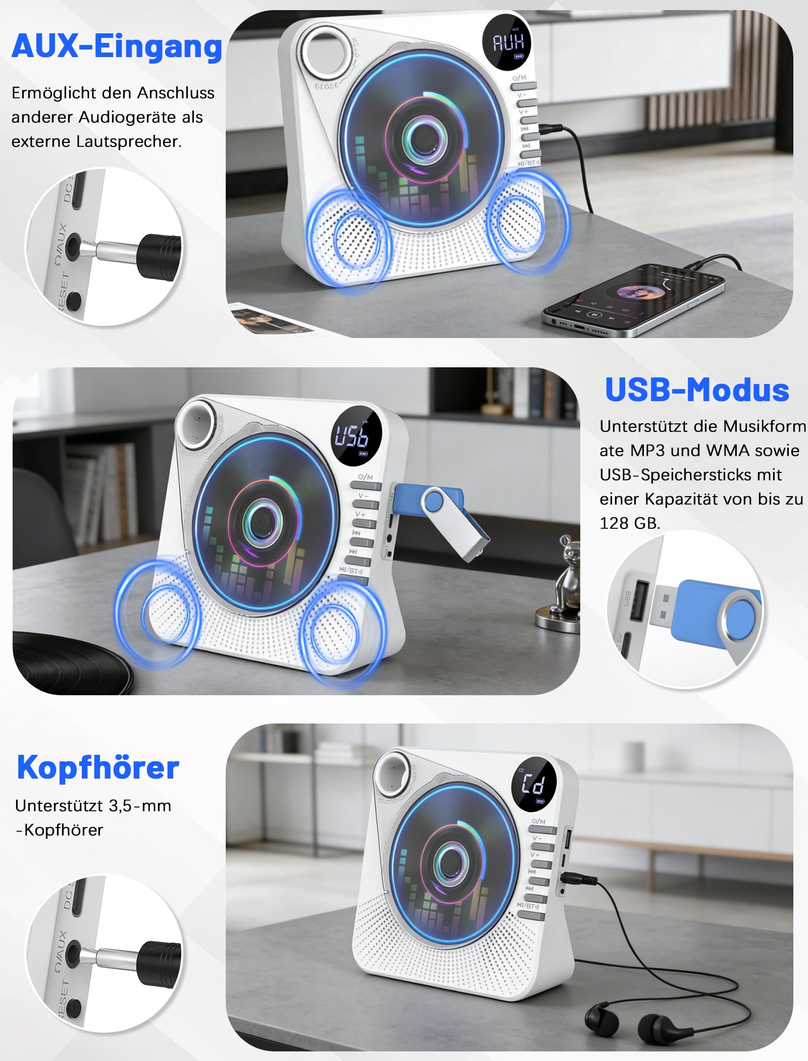 Tragbarer CD-Player 4000mAh Wiederaufladbar, Bluetooth 5.1 mit Stereo-Lautsprechern, Fernbedienung, Staubschutz-Schiebedeckel, Anti-Skip, AUX/USB, CD Spieler für Zuhause & Unterwegs - Weiß