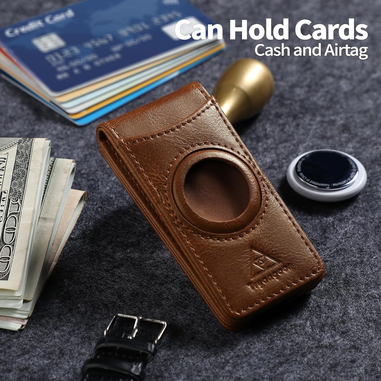 Magnetic Money Clip with airTag Holder credit card elastic band Holds to Cash and Cards (Brown) - Image 8
