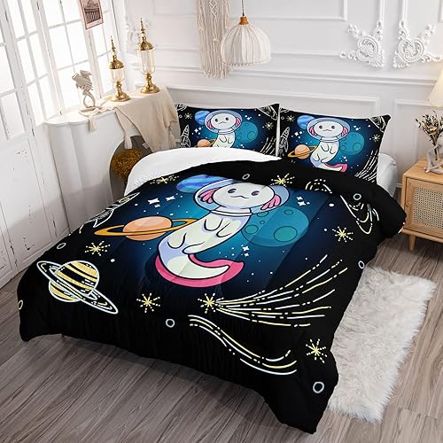 Miniatura 2 de HOSIMA - Juego de ropa de cama con diseño de ajolote para la decoración del dormitorio de niños, patrón de ajolote de dibujos animados del espacio,