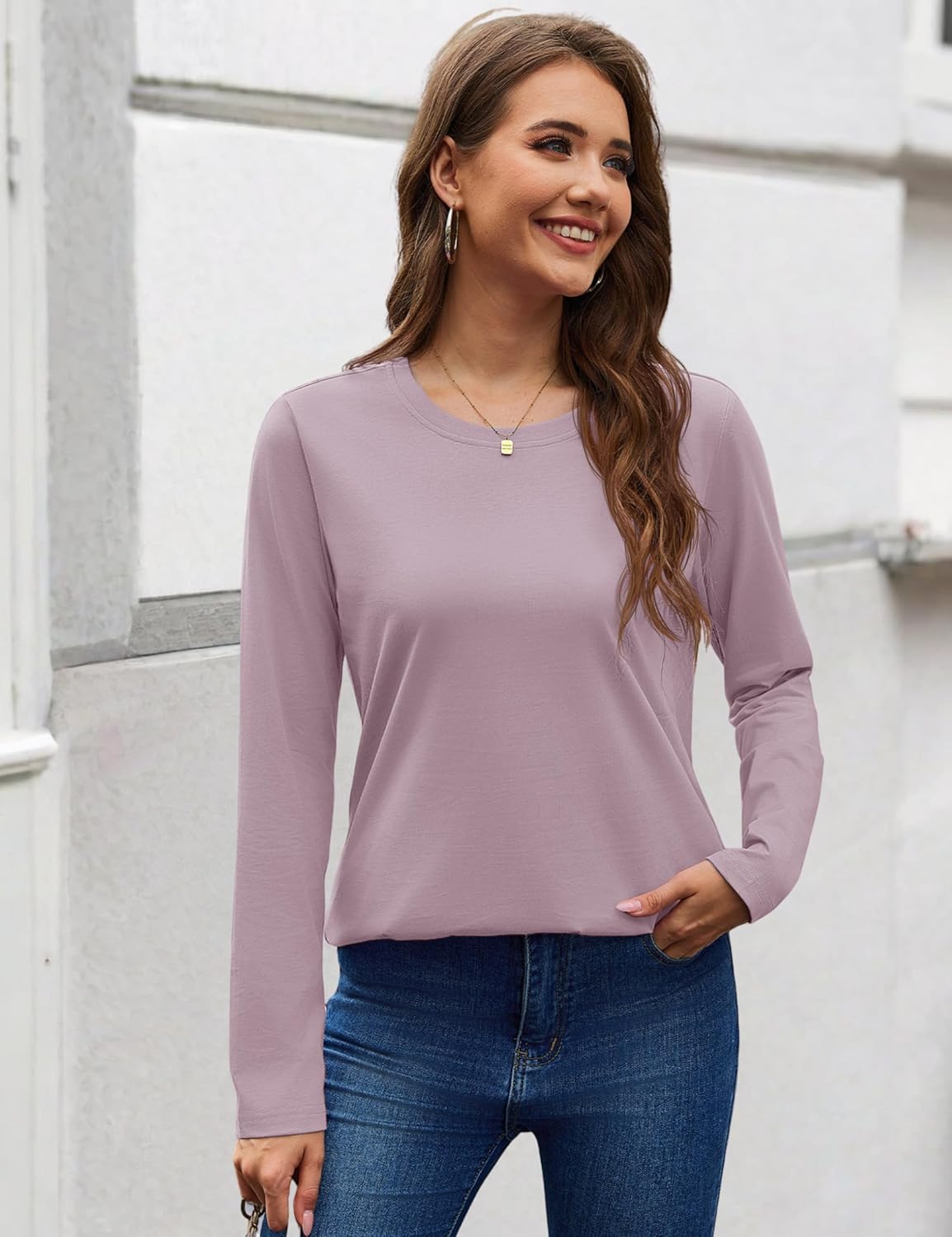 YUCOLEN Women's Cotton Long Sleeve Shirts Crewneck Cotton Basic T-Shirt Solid Color Soft Comfy Casual Tops Tees for Women - Image 2
