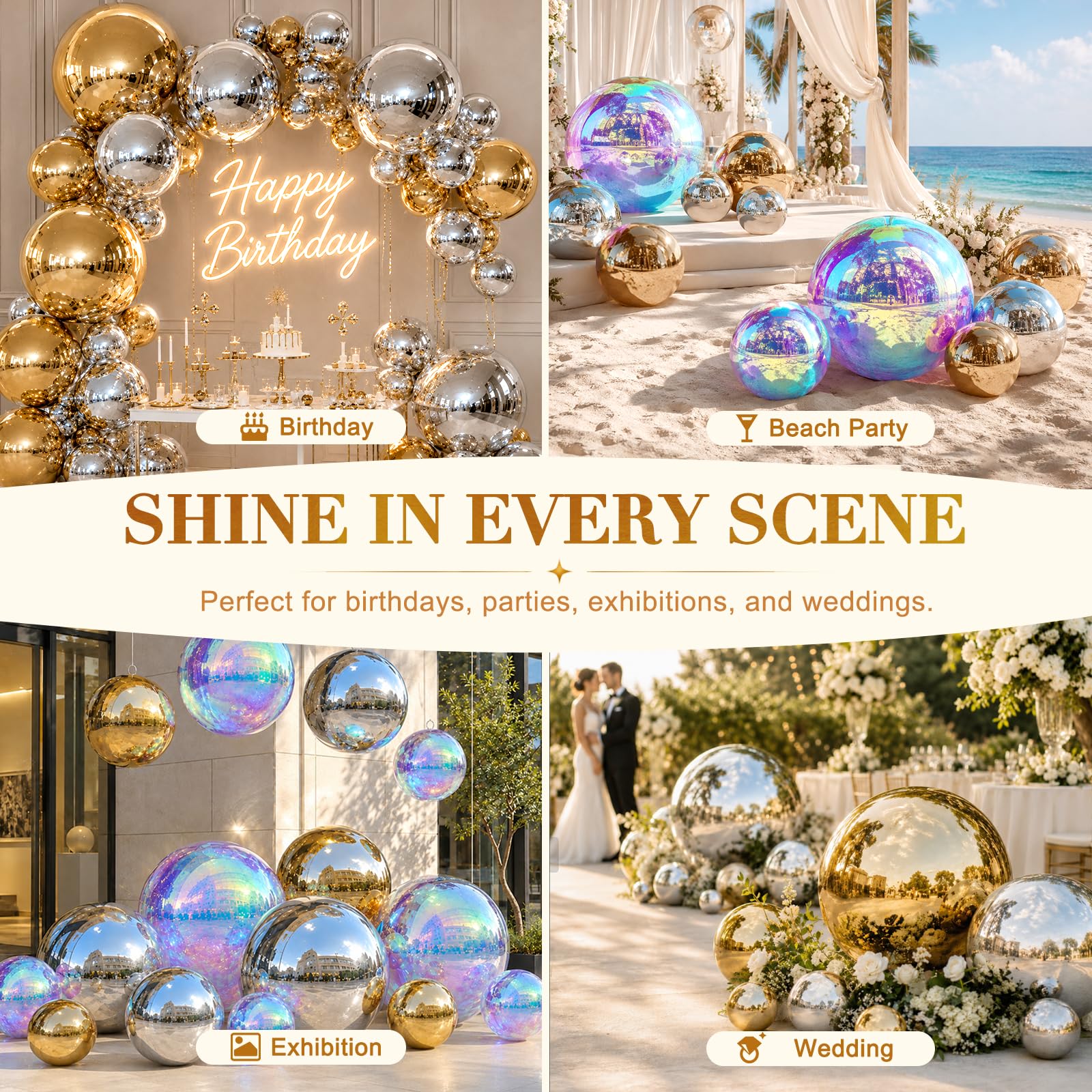 Palloncino gonfiabile a specchio, in PVC, riutilizzabile, grande, per eventi, decorazione per feste, matrimoni, decorazione (1 pezzo, 0,6 m)