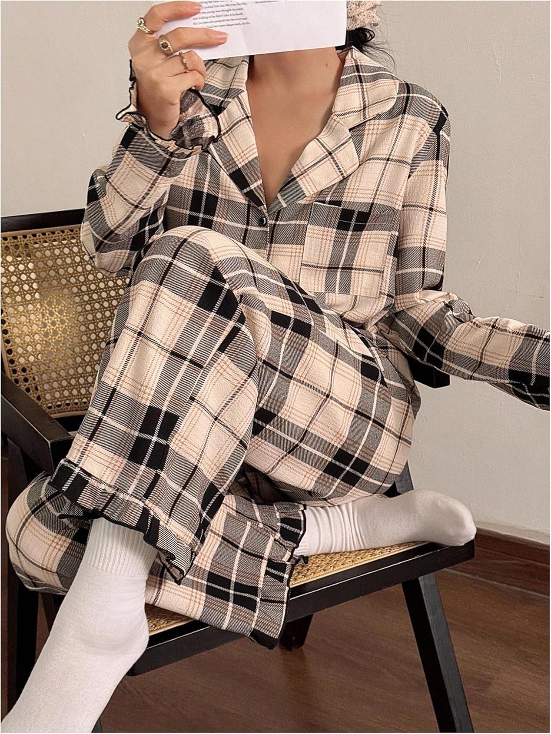 SHENHE Women's Plaid Pajama Set 2 Piece Button Down Long Sleeve Pjs Ruffle Pants Lounge Sleepwear - Image 4