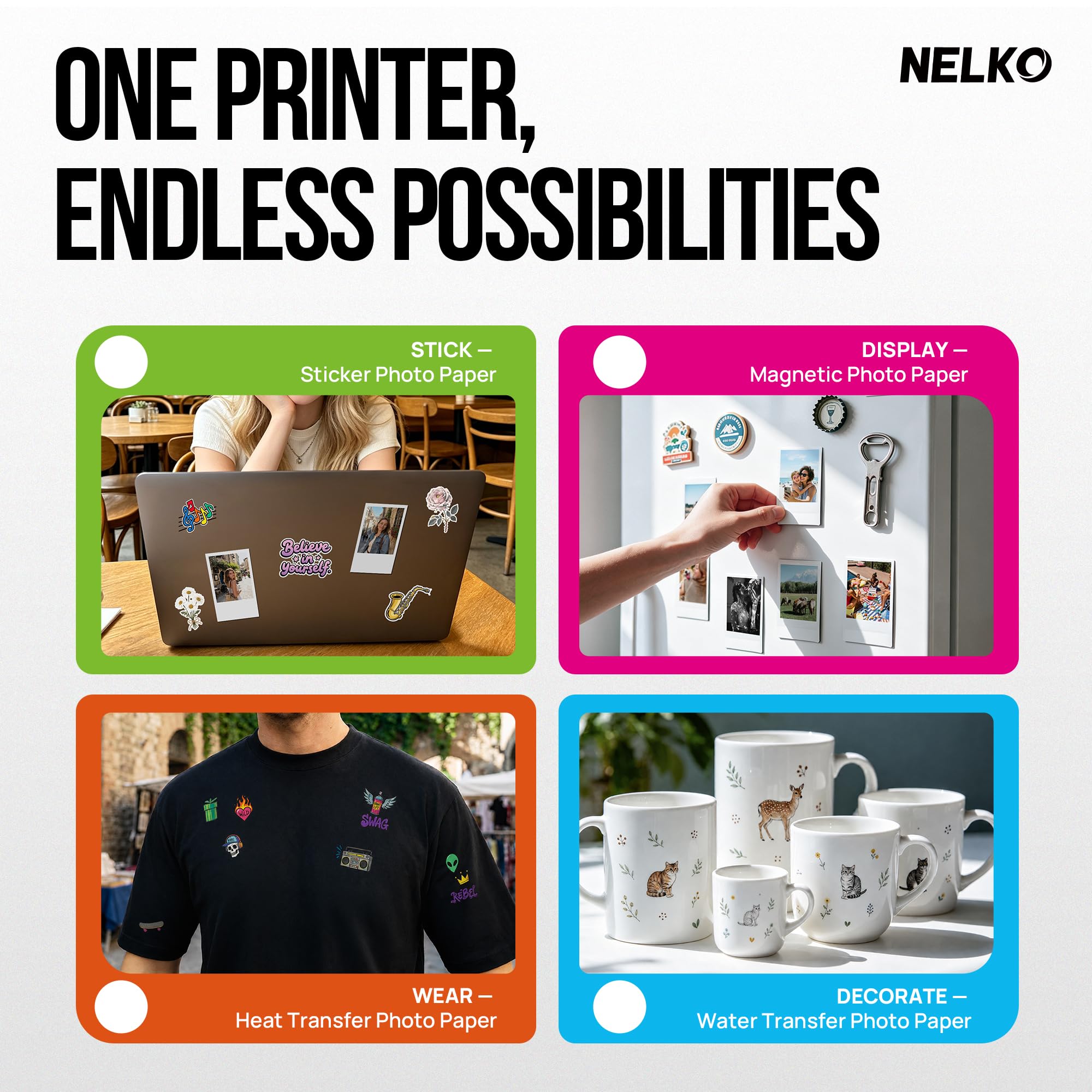Nelko Fotodrucker, PP02 Tragbarer 4-in-1 Drucker für Klebepapier, Magnetpapier, Wassertransfer & Wärmetransferpapier, Bluetooth, kompatibel mit iOS & Android, mit App-Bildbearbeitung, Elfenbein