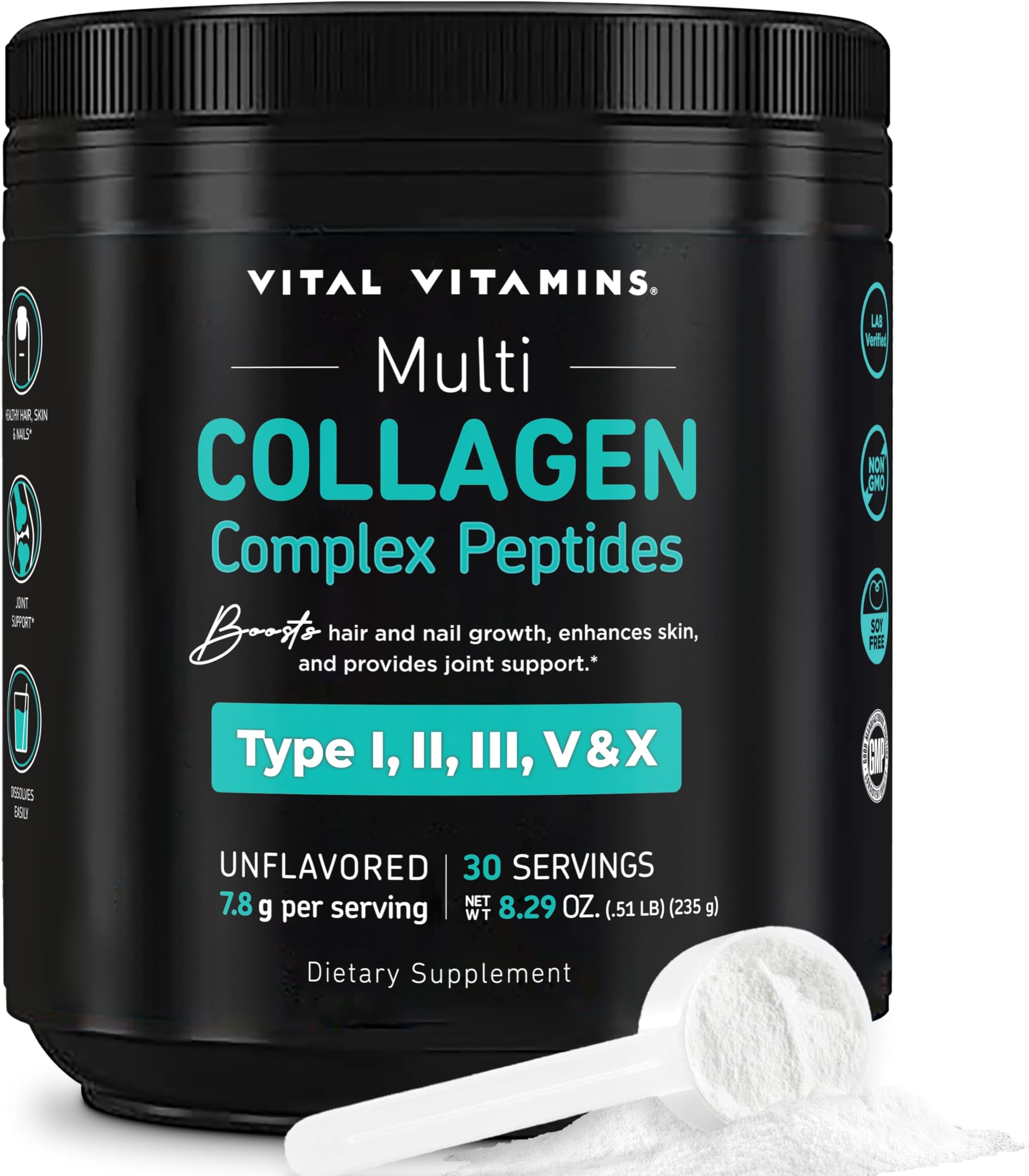Multi Collagen Peptides Powder - Unflavored, Easy to Dissolve - Type I, II, III, V, X - for Women & Men - Promotes Hair, Skin, Nails, & Joint Health - 30 Servings