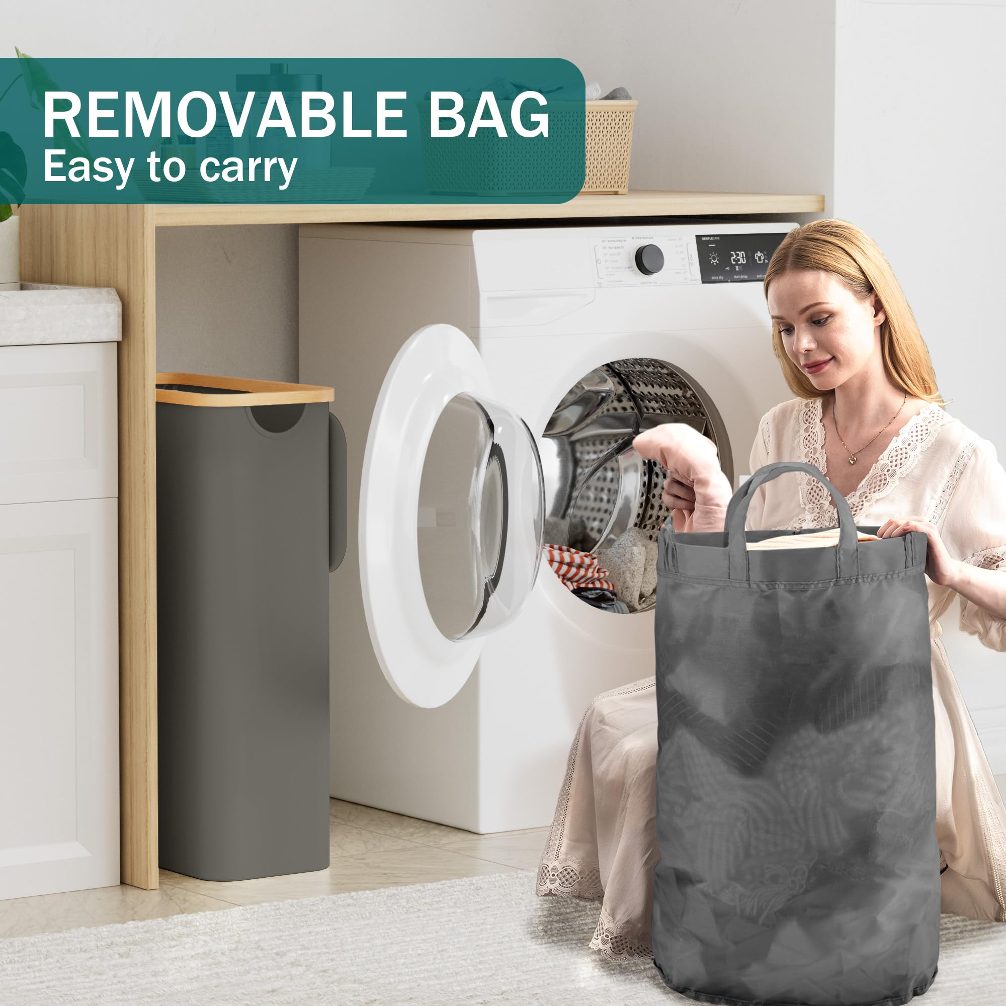 YOUDENOVA Panier à Linge Pliable 48L Avec Couvercle - Bambou, Étroit Et Élégant, Blanc