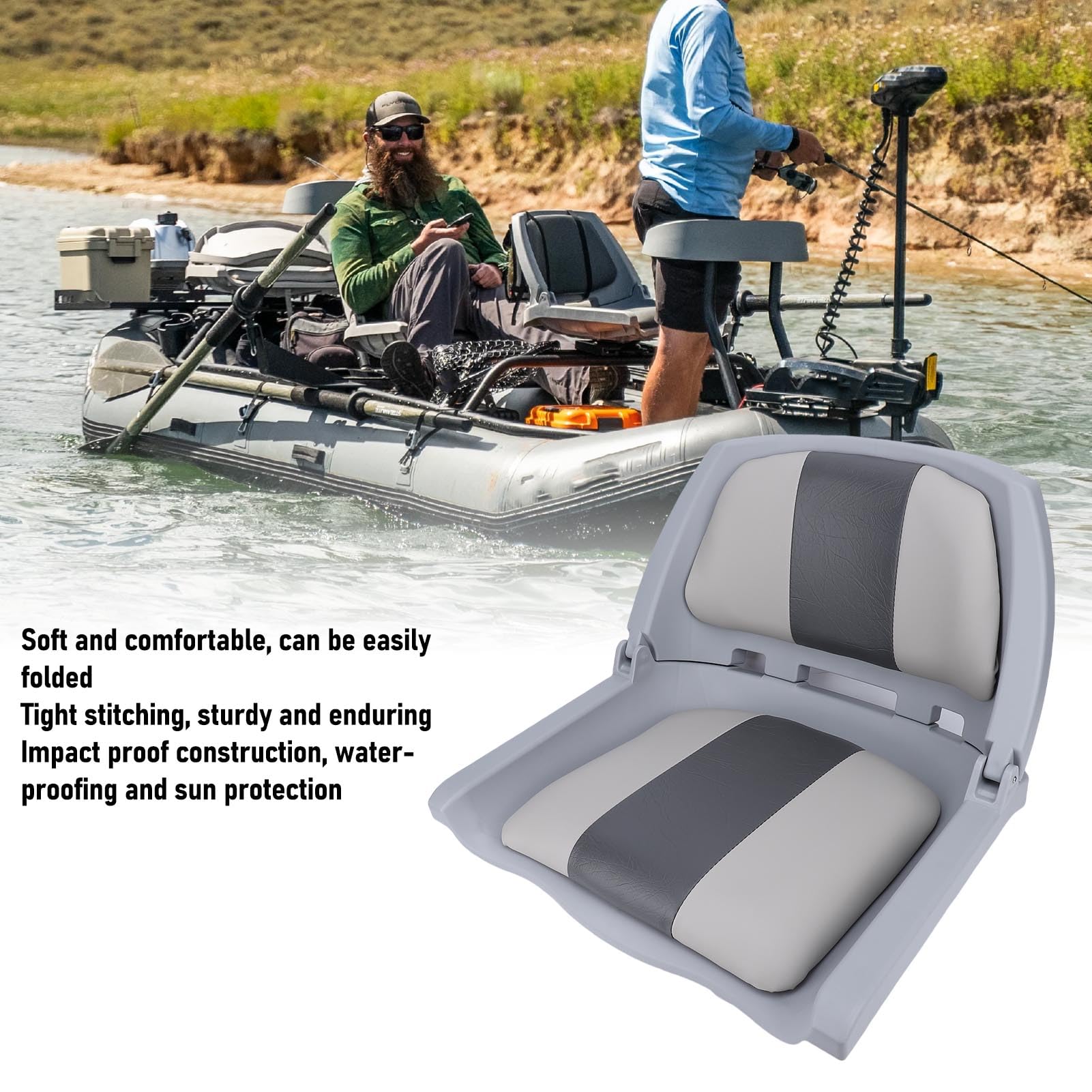 Eujgoov Asientos Plegables para Barcos con Respaldo bajo, Silla para Barcos Marinos con Respaldo para Pesca en Kayaks, Ligeros Acolchados con Cuero de PVC Resistente Al Agua