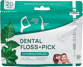 Premium Dental Floss + Pick 20 Pcs | 2 in 1 Oral Care | Anti-Plaque, Shred Resistant, Reduce Tooth Decay | Mint waxed flosses in Zip Lock Travel-friendly Pouch