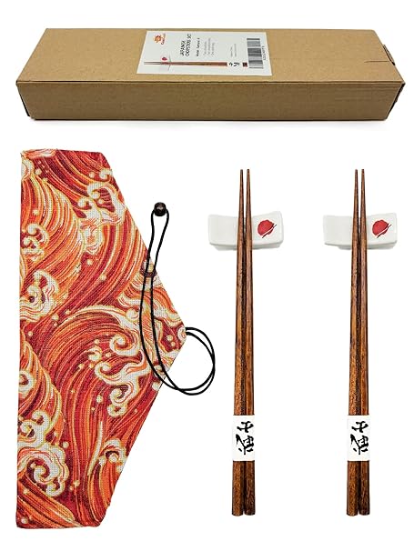 CuziCuzi 2 Pairs Chopsticks and Chopstick Rest Gift Set with Cloth Bag, Natural and Reusable Wooden Chopsticks, Japanese Style Ceramic Chopstick Holder for Office Camping Traveling (Samurai-Ceramic)