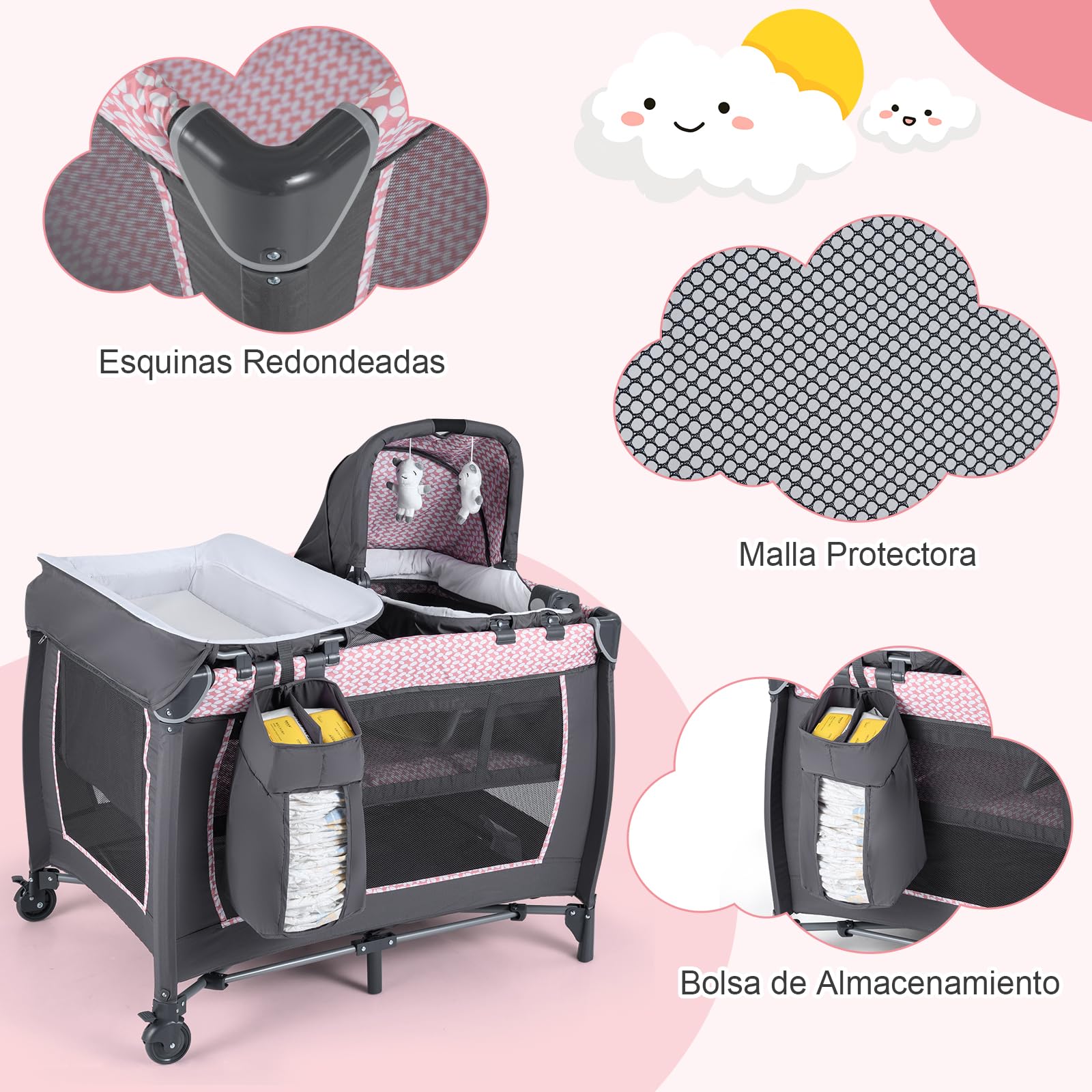 COSTWAY Cuna de Viaje Bebe con Colchón, 5 en 1 Centro de Actividades para Bebés con Cambiador, Cuna para Bebé, 2 Juguetes Colgantes y Caja de Música, Ruedas Móviles y Cesta de Almacenamiento (Rosa)