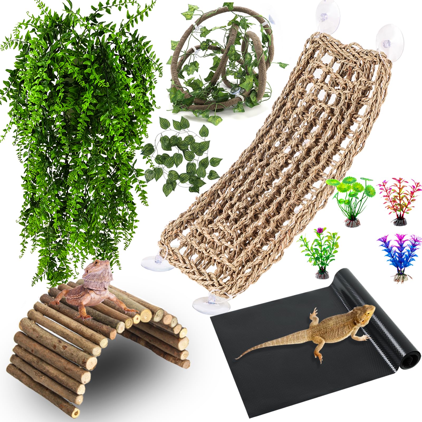 HERCOCCI Bearded Dragon Tank Accessories, Reptile Mat Bridge Hammock Flexible Jungle Climbing Vines and Leaves Habitat Décor for Hiding&amp; Climbing Snake Gecko Lizard Chameleon