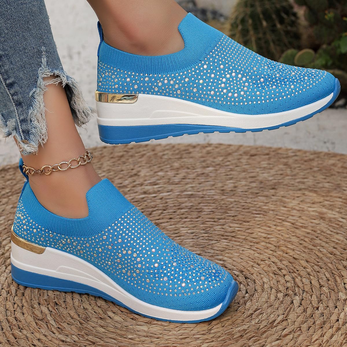 Scarpe da ginnastica da donna con zeppa in rete con strass glitterati, traspiranti, alla moda, casual, antiscivolo, comode, ortopediche, leggere, con supporto per arco plantare