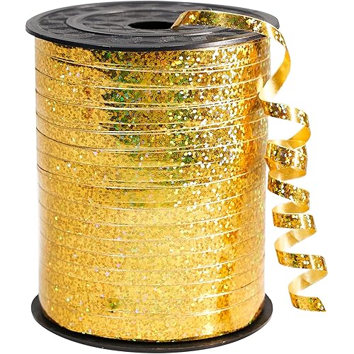 PartyWoo Gold Ribbon, 500 Yard Curling Ribbon for Crafts, Iridescent Crimped Ribbon, Shiny Ribbon for Gift Wrapping, Ribbon for Balloons String, Hair, Florist Flower (1 Roll)