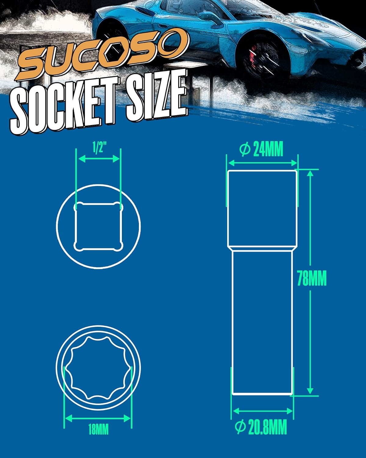 SUCOSO 10 Spline Lug Nut Key Replacement for TA20-1/2 Fit Bimecc M14x1.5 10 Spline Lug Bolts and M12x1.5 Lug Nuts, 10 Point Lug Nut Socket with 1/2" Drive Fit for Impact Wrench and Extensions