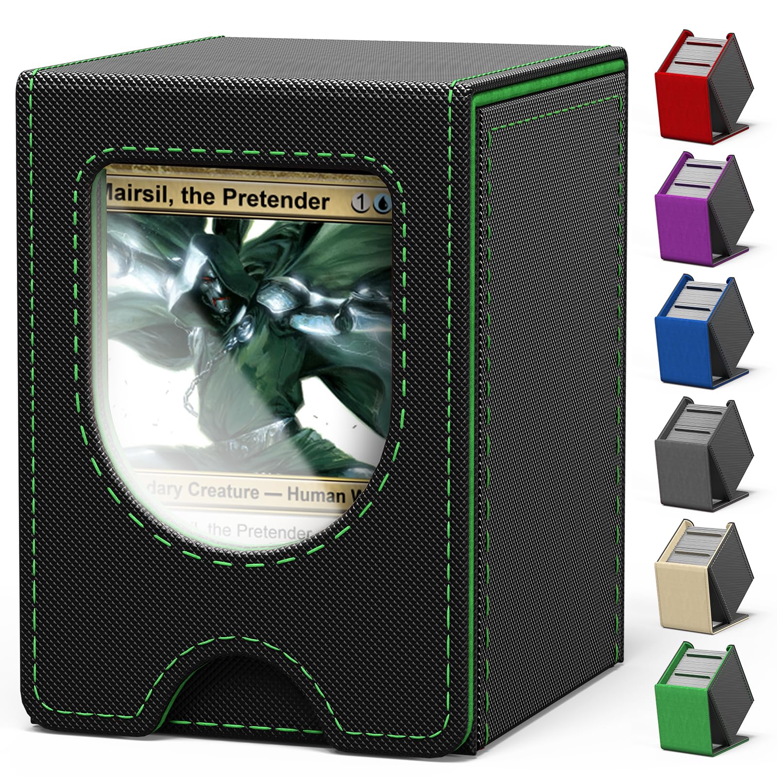 Card Deck Box for MTG Commander, Card Case Holds 100+ Double-Sleeved Cards, Magic Card Box Fits for TCG/PTCG/CCG Card with 2 Dividers (Black&Green)