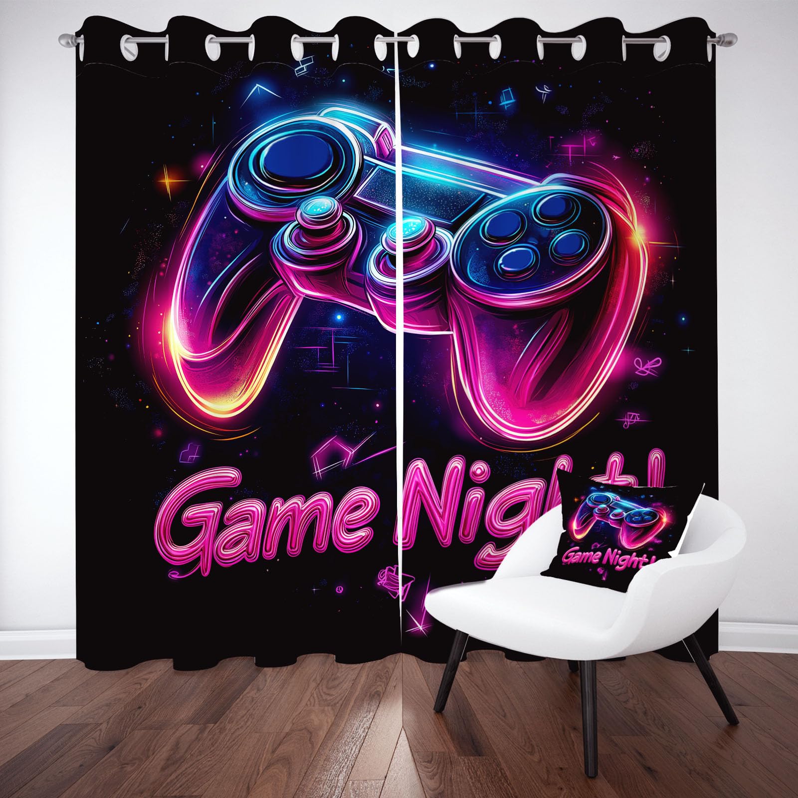 Lot de 2 Rideaux Console Gamepad Néon Gamer Rideau Occultant Thermique