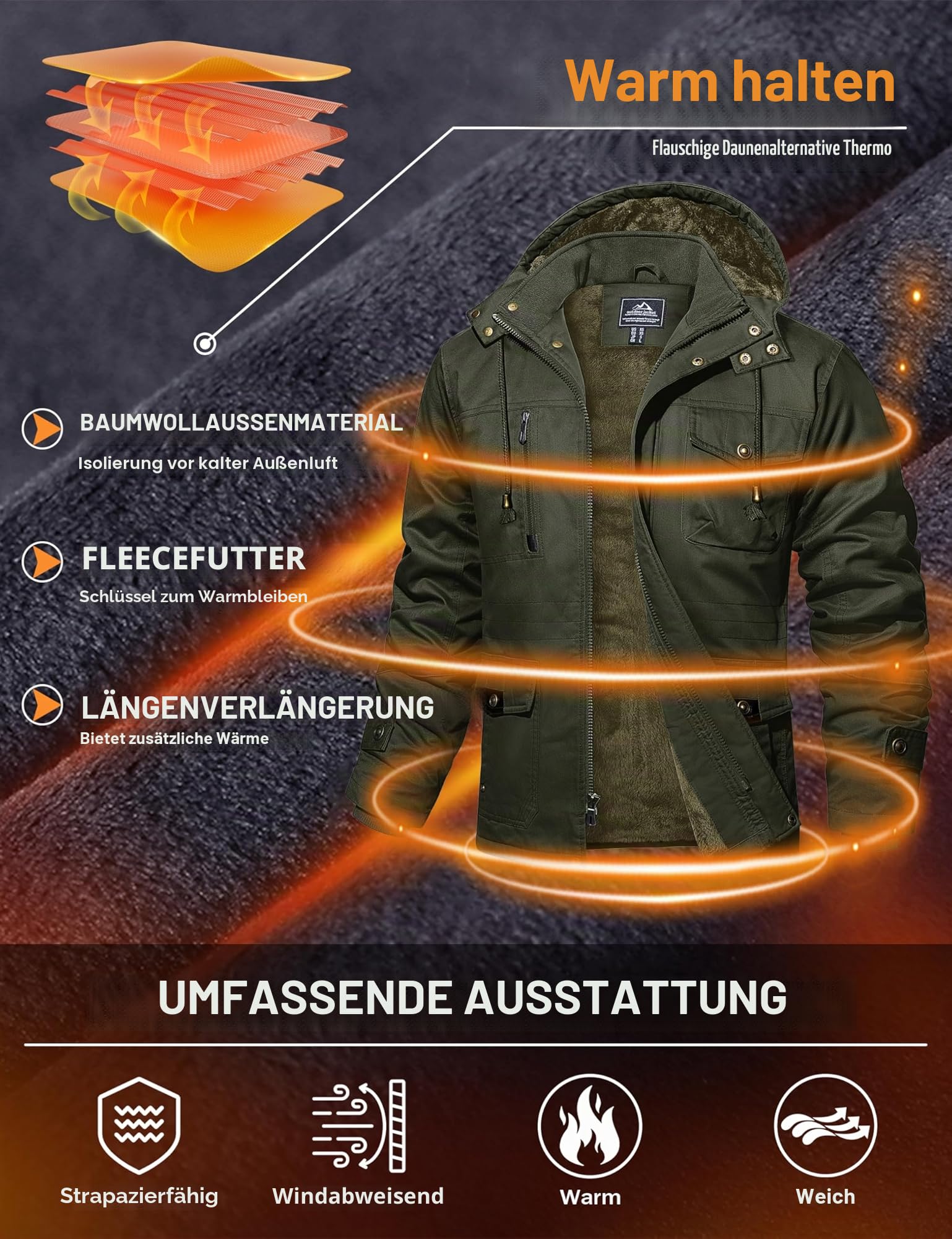 MAGCOMSEN Winterjacke Herren Warm Gefüttert Jacke Fleece Winterparka Winddicht Outdoor Übergangsjacke mit Abnehmbarer Kapuze