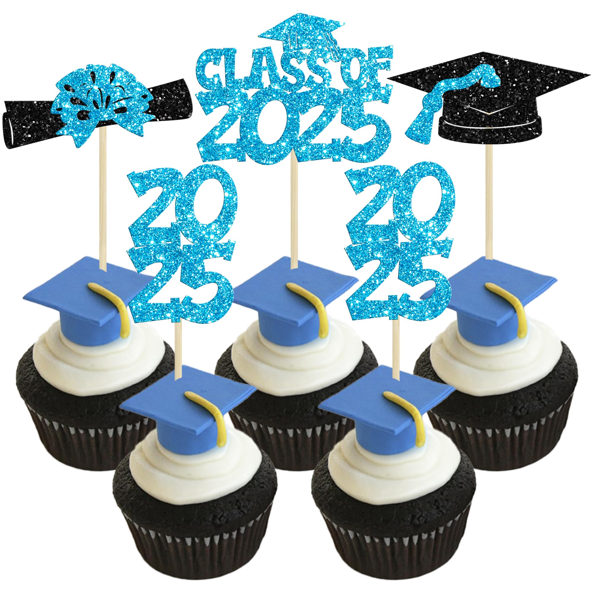 Ephlyn 36Pcs 2026 Graduation Theme Cupcake Toppers Glitter Class of 2026 Congrats Grad Diploma Graduation Cap Cupcake Picks for 2026 Graduation Theme Party Cake Decorations Supplies Lake Blue