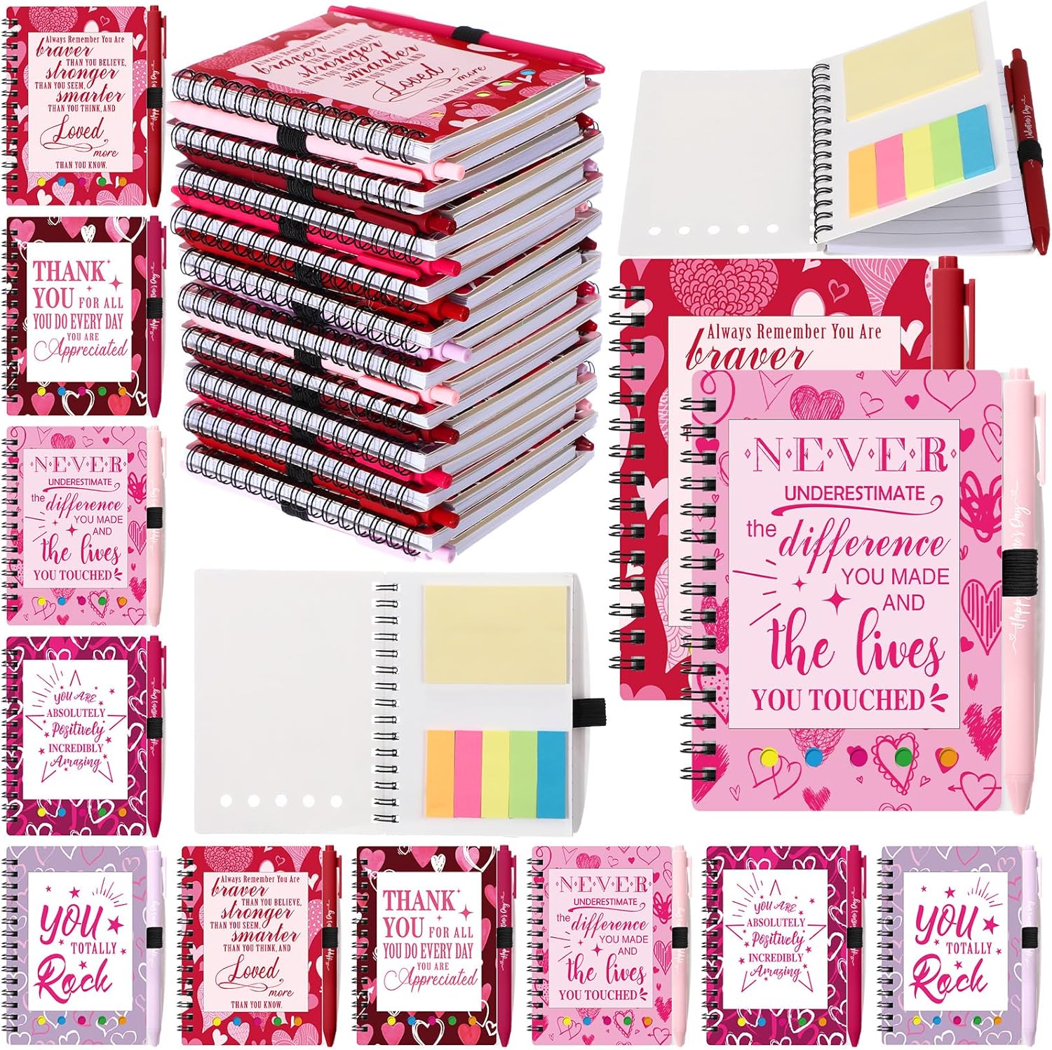 Resurhang 20 Pcs Valentines Appreciation Gifts Bulk Spiral Notebooks with Sticky Notes Motivational Pens Valentine Notepads for Coworkers Employee Office Team Party Supplies (Inspirational)