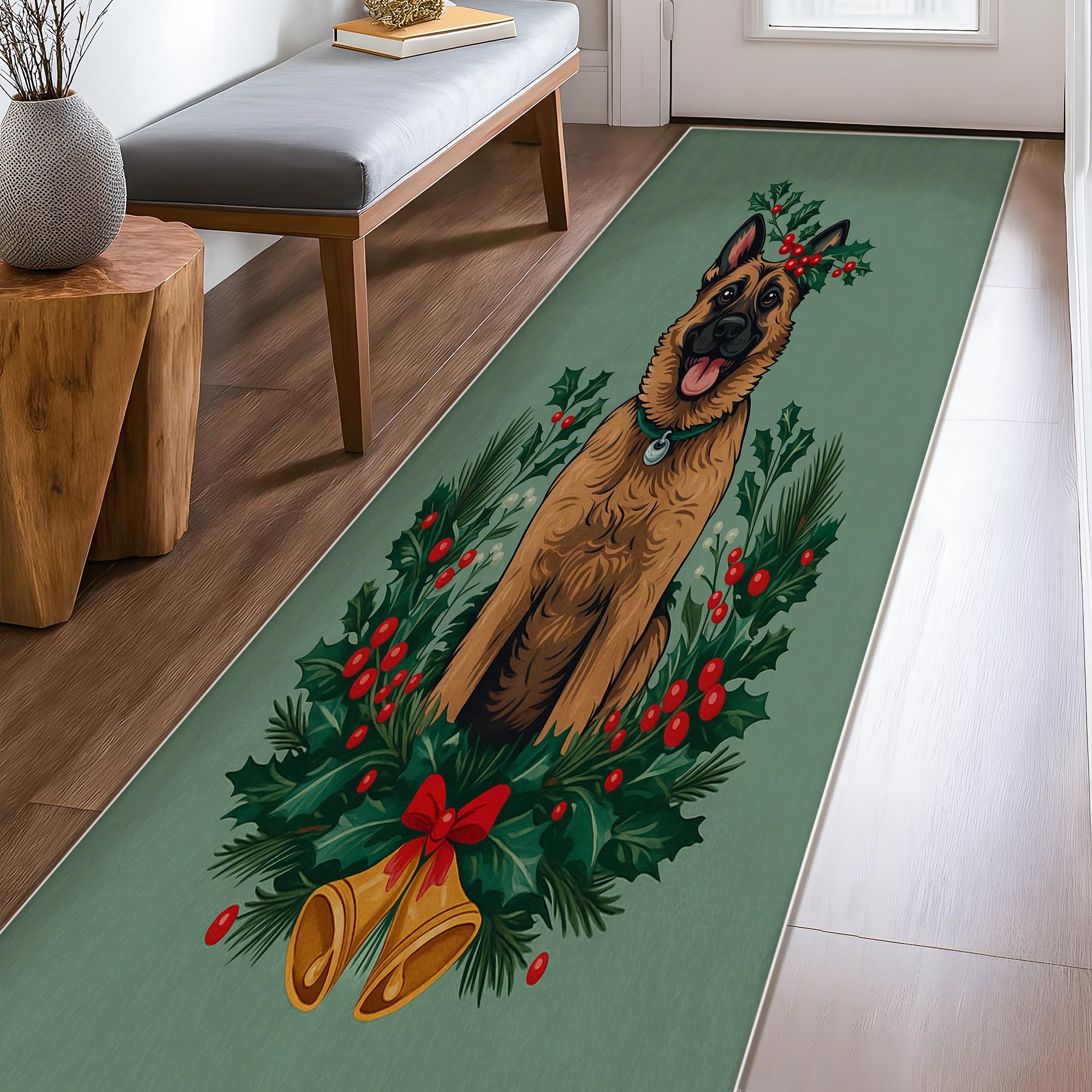 Tapis de couloir pour chien vert à poils courts 0,6 x 2,4 m motif Noël cuisine entrée