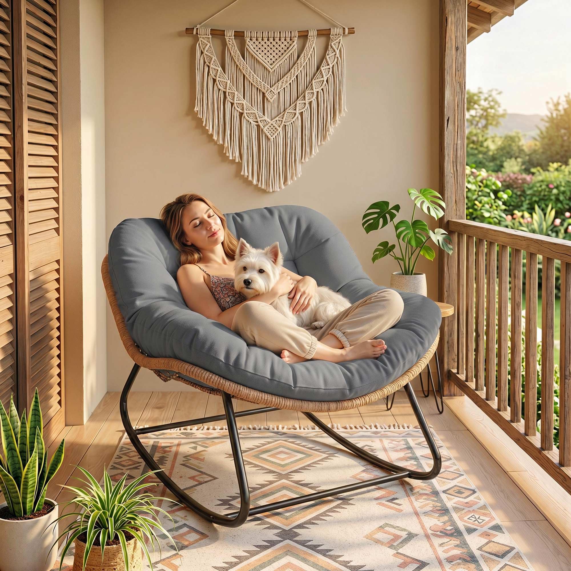Outsunny Sedia a Dondolo da Esterni ed Interni con Seduta Extra Larga da 60 cm e Cuscino Imbottito, Poltrona Papasan da Giardino, Salotto, Giardino, Patio, Balcone, Grigio